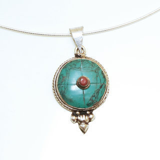 Bijoux Indiens Ethniques petit pendentif rond laiton plaqu argent 925 et pierre - Nepal 033 Agate rouge et Turquoise b