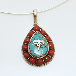 Bijoux Indiens Ethniques petit pendentif goutte filigrane grav laiton plaqu argent 925 et pierre - Nepal 034 Agate rouge et Turquoise b