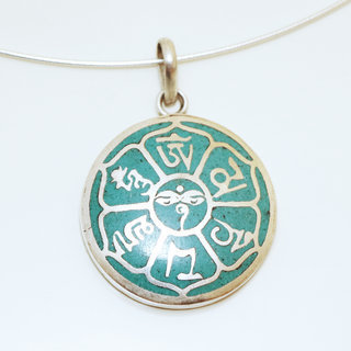 Bijoux Indiens Ethniques petit pendentif rond motif tibtain laiton plaqu argent 925 et pierre - Nepal 044 Turquoise b