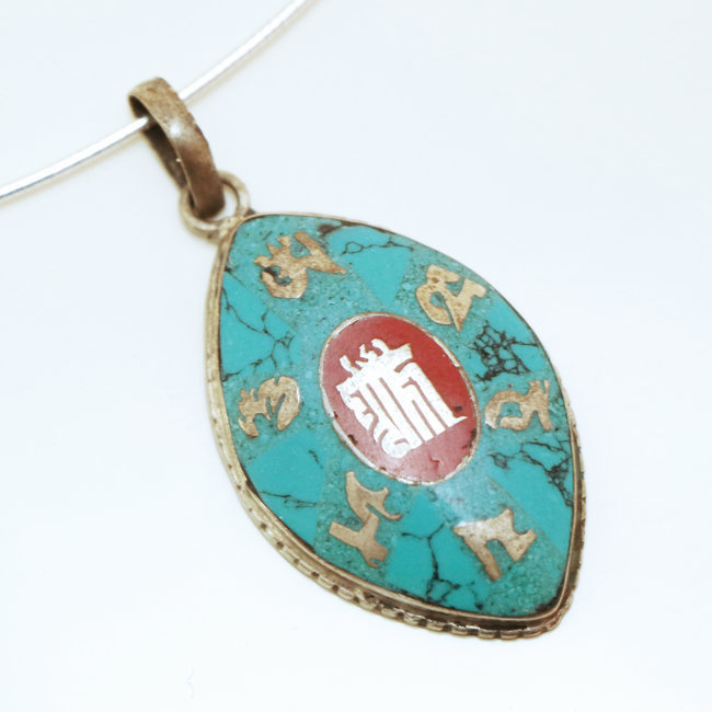 Pendentif Tibétain Bouddhiste Turquoise Corail rouge - Nepal 045