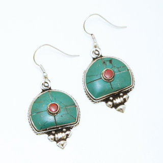 Bijoux Ethniques indiens boucles d'oreilles en plaqu argent 925 et pierre npalais Tibtain bouddhiste - Nepal 001 turquoise et corail rouge