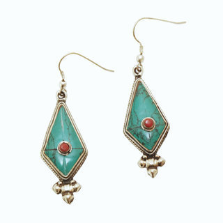 Bijoux Ethniques indiens boucles d'oreilles en plaqu argent 925 et pierre npalais Tibtain bouddhiste - Nepal 007 losange turquoise corail rouge