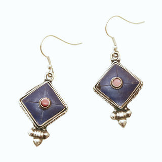 Bijoux Ethniques indiens boucles d'oreilles en plaqu argent 925 et pierre npalais Tibtain bouddhiste - Nepal 008 losange lapis lazuli corail rouge