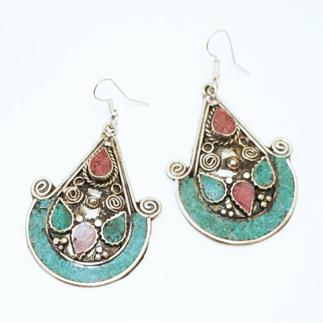 Boucles d'oreilles tibétaines grands pendants Turquoise et Corail - Népal 013