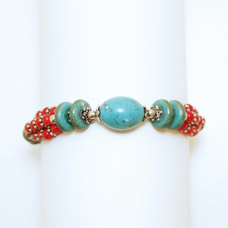 Bijoux Ethniques indiens bracelet multi-rangs turquoise corail laiton plaqué argent 925 et pierres perles népalais tibétain - Nepal 001 b