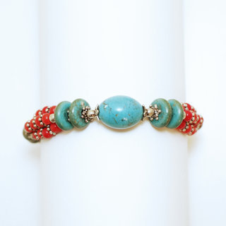 Bijoux Ethniques indiens bracelet multi-rangs turquoise corail laiton plaqu argent 925 et pierres perles npalais tibtain - Nepal 001 b