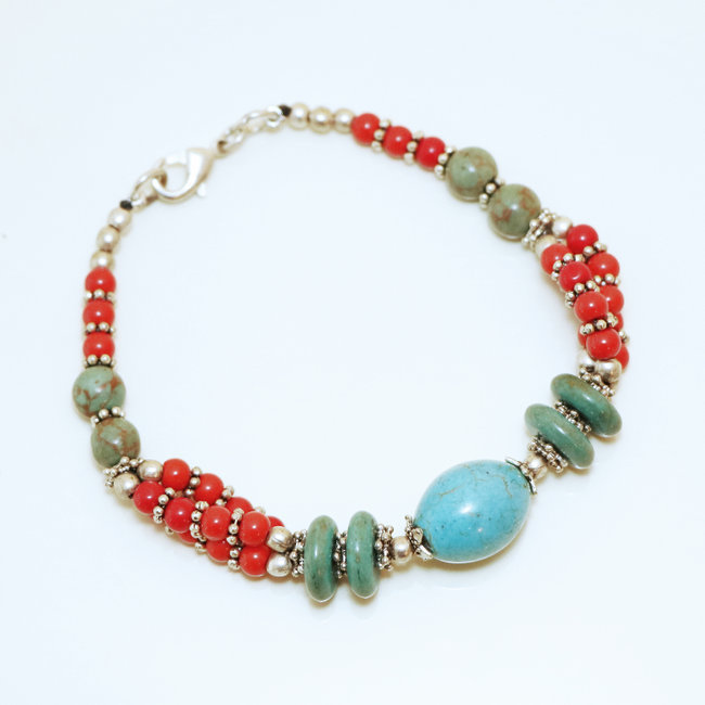 Bracelet argenté et pierres Turquoise et Corail - Népal 001