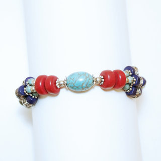 Bijoux Ethniques indiens bracelet multi-rangs turquoise corail laiton plaqué argent 925 et pierres perles népalais tibétain - Nepal 002 b