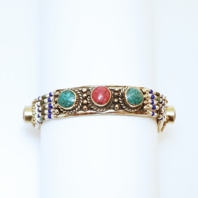 Bracelet multi-rangs argenté et pierres Turquoise, Corail et perles bleues - Népal 003