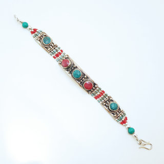 Bijoux Ethniques indiens bracelet multi-rangs corail turquoise laiton plaqu argent 925 et pierres perles npalais tibtain - Nepal 003 b