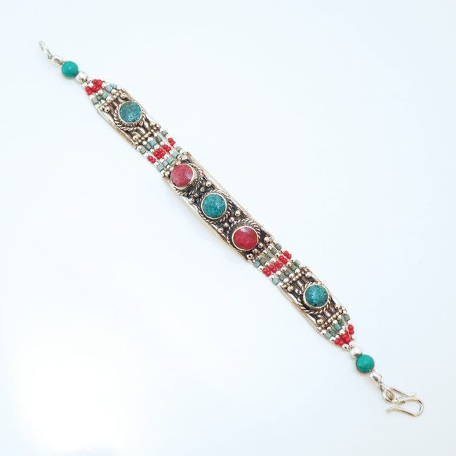 Bijoux Ethniques indiens bracelet multi-rangs corail turquoise laiton plaqué argent 925 et pierres perles népalais tibétain - Nepal 003 b