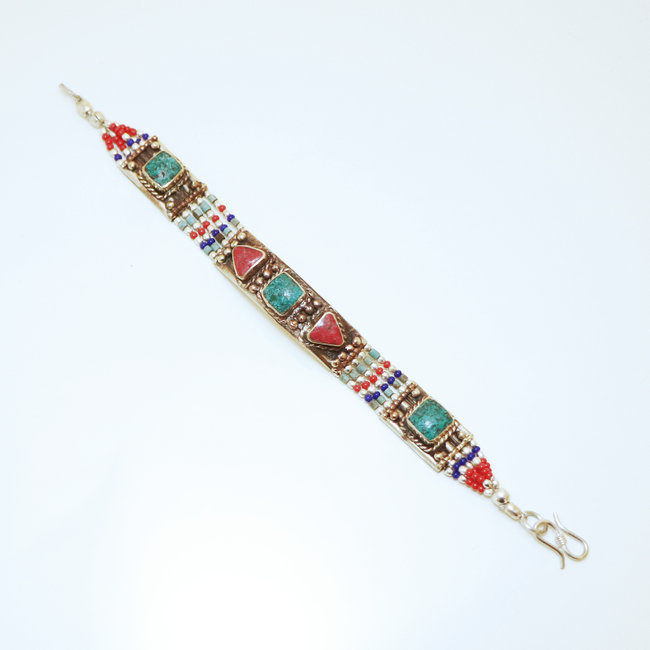 Bijoux Ethniques indiens bracelet multi-rangs corail turquoise laiton plaqué argent 925 et pierres perles népalais tibétain - Nepal 004 b