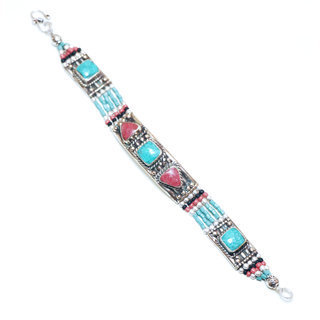 Bijoux Ethniques indiens bracelet multi-rangs corail turquoise laiton plaqu argent 925 et pierres perles npalais tibtain - Nepal 005 b