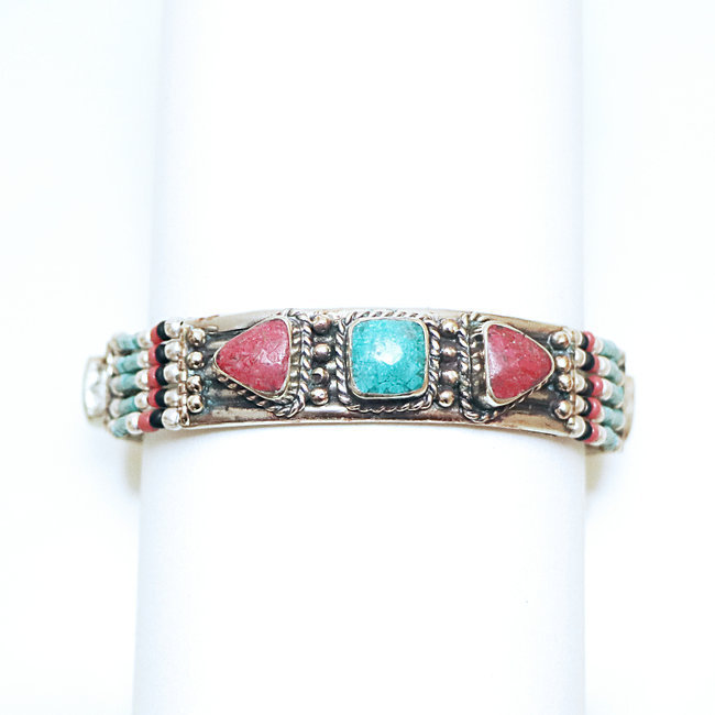 Bracelet multi-rangs argenté et pierres Turquoise et Corail - Népal 005