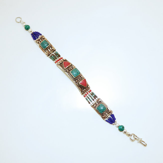 Bijoux Ethniques indiens bracelet multi-rangs turquoise corail laiton plaqué argent 925 et pierres perles népalais tibétain - Nepal 007 b