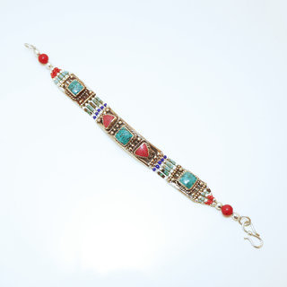 Bijoux Ethniques indiens bracelet multi-rangs turquoise corail laiton plaqu argent 925 et pierres perles npalais tibtain - Nepal 008 b