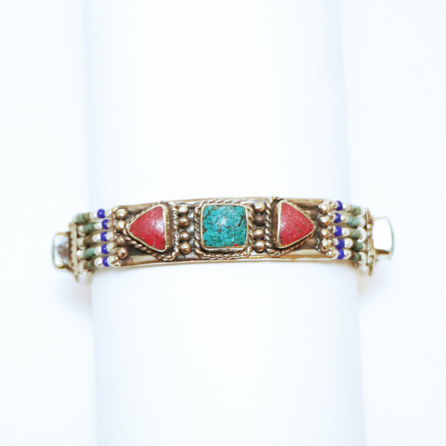 Bracelet multi-rangs argenté et pierres Turquoise et Corail - Népal 008