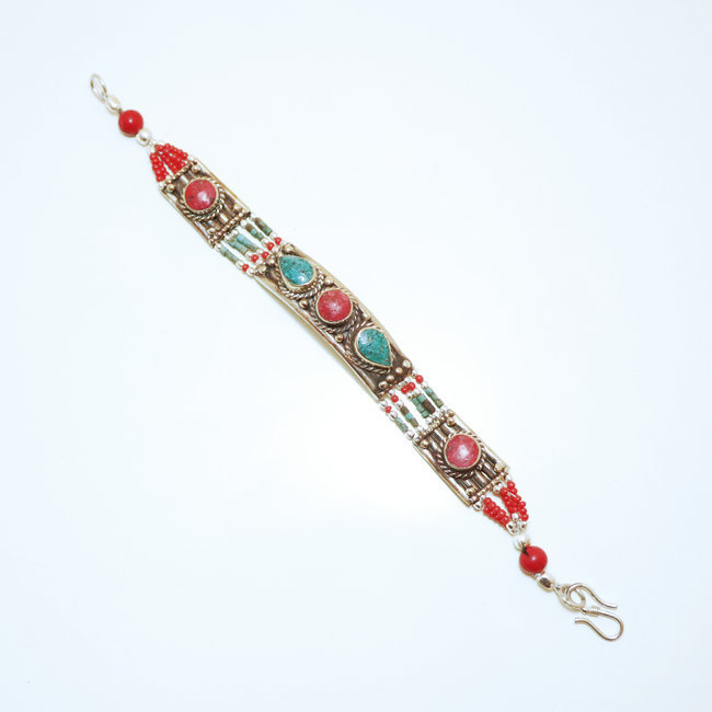 Bijoux Ethniques indiens bracelet multi-rangs turquoise corail laiton plaqué argent 925 et pierres perles népalais tibétain - Nepal 009 b