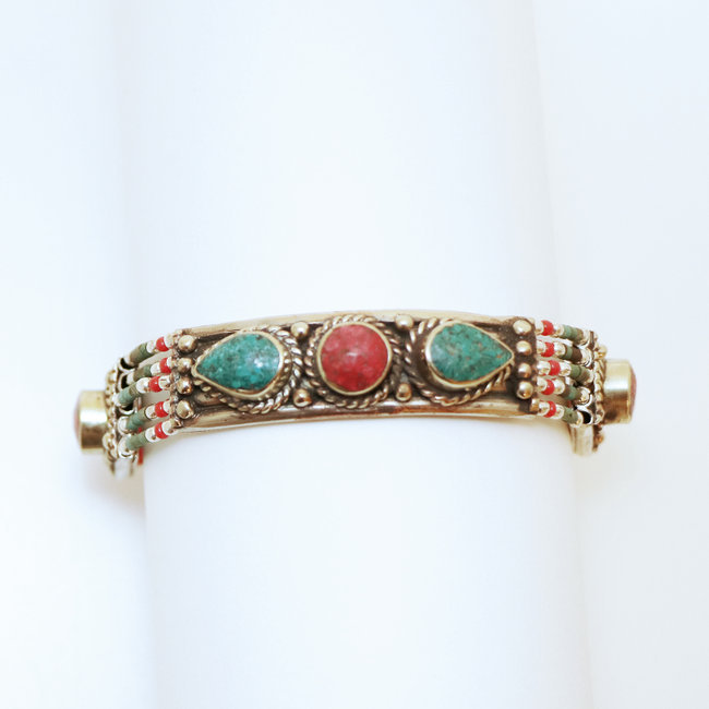 Bijoux Ethniques indiens bracelet multi-rangs turquoise corail laiton plaqué argent 925 et pierres perles népalais tibétain - Nepal 009