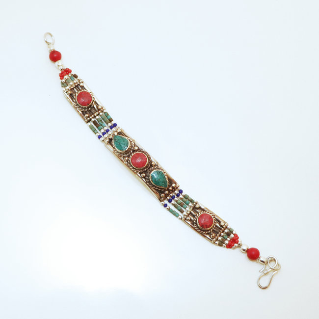 Bijoux Ethniques indiens bracelet multi-rangs turquoise corail laiton plaqué argent 925 et pierres perles népalais tibétain - Nepal 010 b