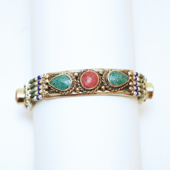 Bracelet multi-rangs argenté et pierres Turquoise et Corail - Népal 010