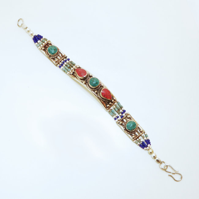 Bijoux Ethniques indiens bracelet multi-rangs turquoise corail laiton plaqué argent 925 et pierres perles népalais tibétain - Nepal 011 b