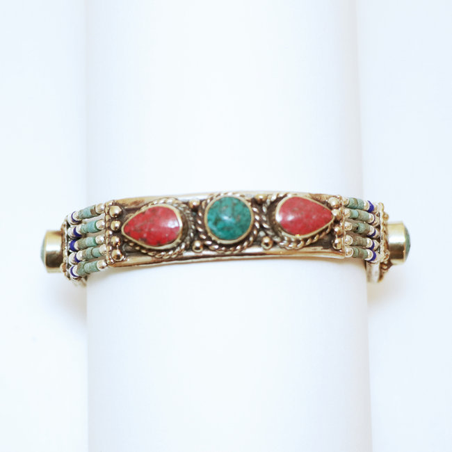 Bracelet multi-rangs argenté et pierres Turquoise et Corail - Népal 011