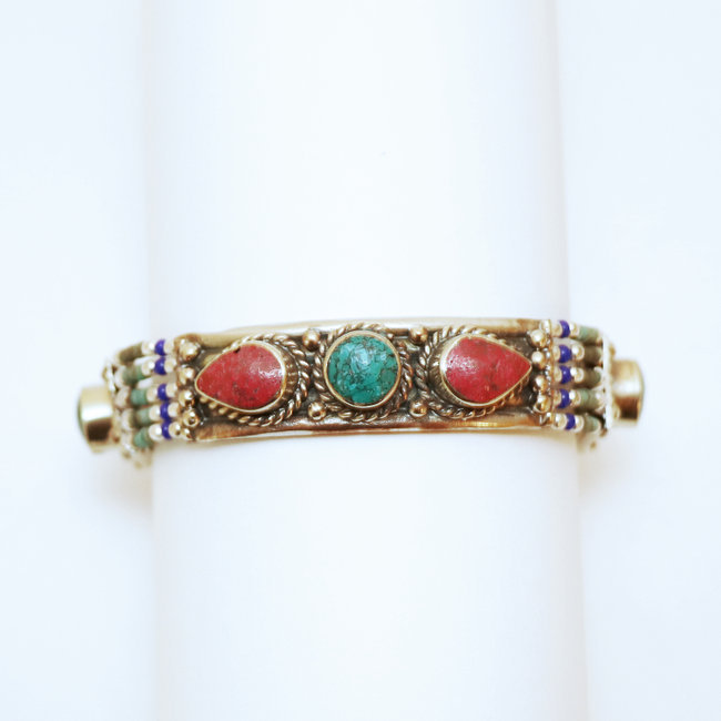 Bracelet multi-rangs argenté et pierres Turquoise et Corail - Népal 012
