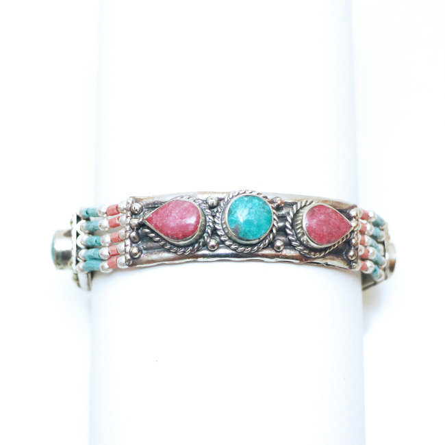 Bracelet multi-rangs argenté et pierres Turquoise et Corail - Népal 013