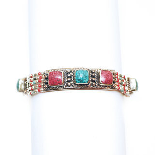 Bijoux Ethniques indiens bracelet multi-rangs turquoise corail laiton plaqué argent 925 et pierres perles népalais tibétain - Nepal 014