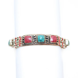 Bijoux Ethniques indiens bracelet multi-rangs turquoise corail laiton plaqu argent 925 et pierres perles npalais tibtain - Nepal 014