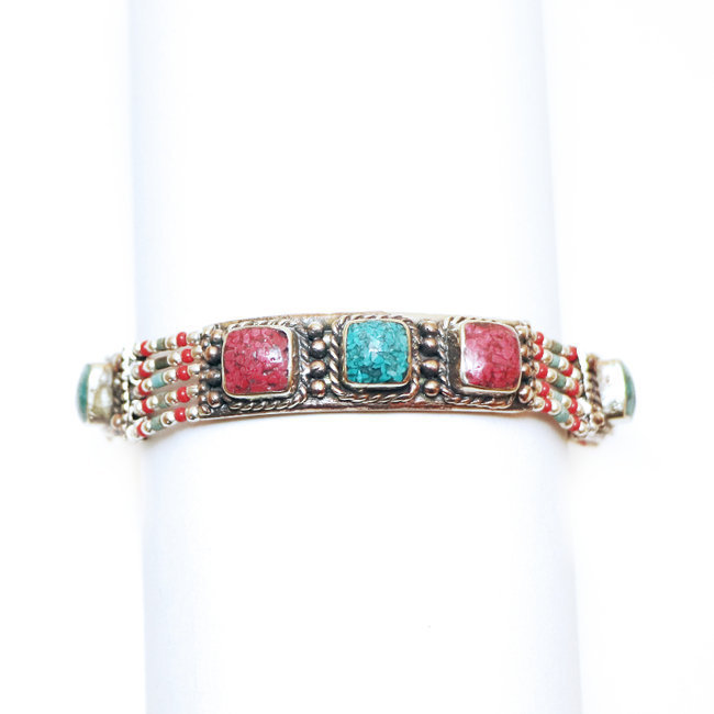 Bracelet multi-rangs argenté et pierres Turquoise et Corail - Népal 014