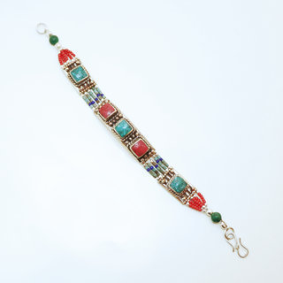 Bijoux Ethniques indiens bracelet multi-rangs turquoise corail laiton plaqué argent 925 et pierres perles népalais tibétain - Nepal 015 b