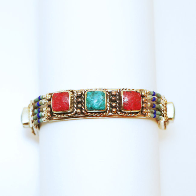Bracelet multi-rangs argenté et pierres Turquoise et Corail - Népal 015