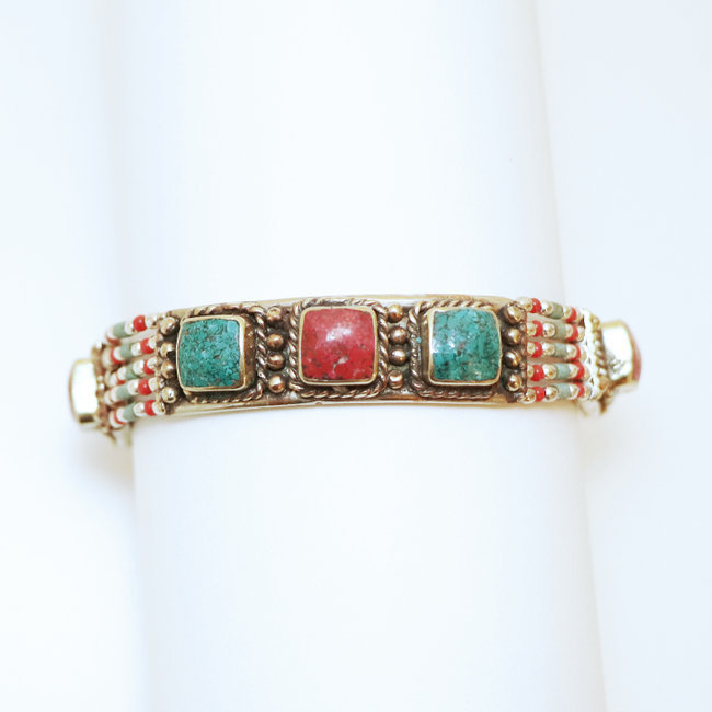 Bracelet multi-rangs argenté et pierres Turquoise et Corail - Népal 016