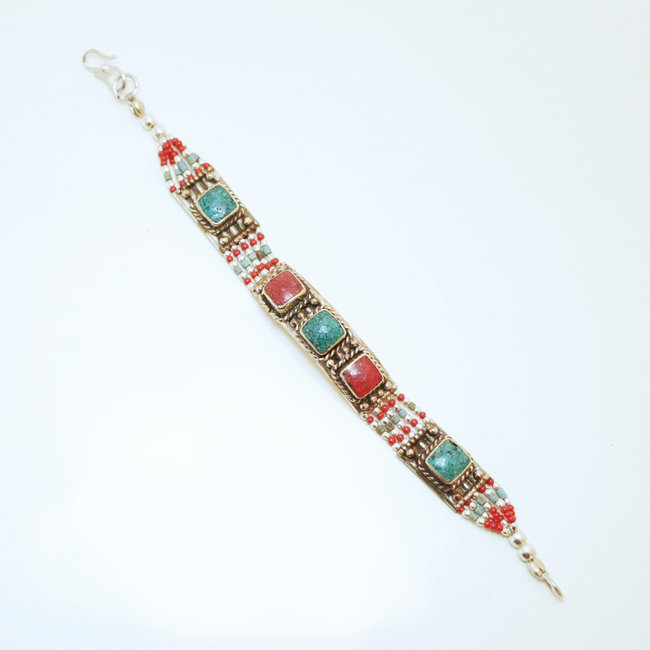 Bijoux Ethniques indiens bracelet multi-rangs turquoise corail laiton plaqué argent 925 et pierres perles népalais tibétain - Nepal 017 b