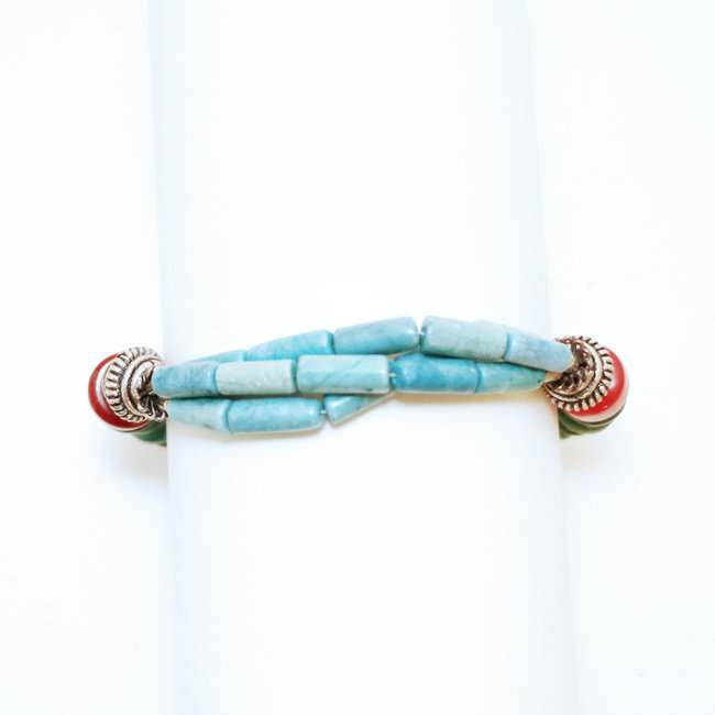 Bijoux Ethniques indiens bracelet multi-rangs turquoise corail laiton plaqué argent 925 et pierres perles népalais tibétain - Nepal 018 b