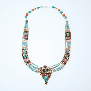 Bijoux Ethniques indiens collier laiton plaqu argent 925 et pierres npalais tibtain - Nepal 001 Turquoise, Agate rouge et Corail