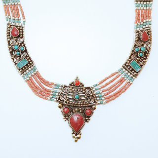 Bijoux Ethniques indiens collier en plaqué argent 925 et pierres tibétain népalais - Nepal 002 Turquoise, Agate rouge et Corail b