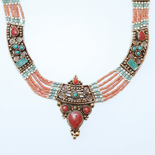 Bijoux Ethniques indiens collier en plaqu argent 925 et pierres tibtain npalais - Nepal 002 Turquoise, Agate rouge et Corail b