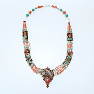 Bijoux Ethniques indiens collier en plaqu argent 925 et pierres tibtain npalais - Nepal 002 Turquoise, Agate rouge et Corail