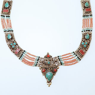 Bijoux Ethniques indiens collier en plaqu argent 925 et pierres tibtain npalais - Nepal 003 turquoise corail rouge b