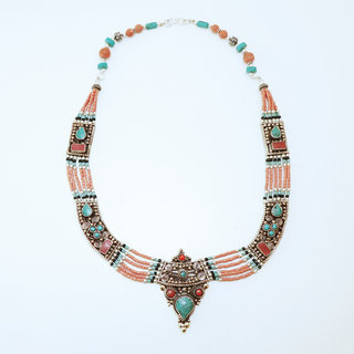 Bijoux Ethniques indiens collier en plaqu argent 925 et pierres tibtain npalais - Nepal 003 turquoise corail rouge