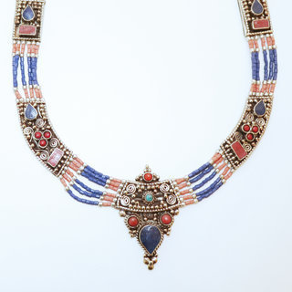 Bijoux Npalais Ethniques collier grav filigrane laiton plaqu argent 925 et pierres - Nepal 005 Turquoise, Agate rouge et Corail Lapis Lazuli bleu - Npal 005 b