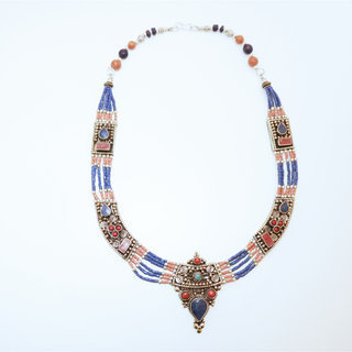 Bijoux Npalais Ethniques collier grav filigrane laiton plaqu argent 925 et pierres - Nepal 005 Turquoise, Agate rouge et Corail Lapis Lazuli bleu - Npal 005