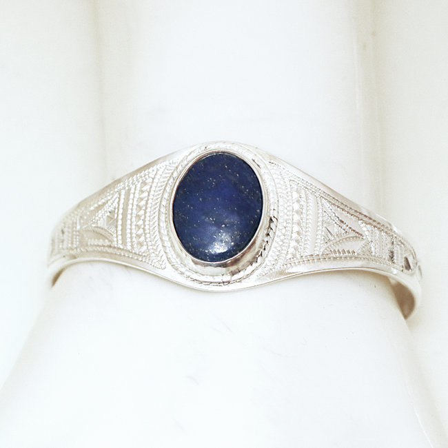 Bijoux ethniques touareg bracelet manchette gravé argent 925 et pierre fine cabochon Lapis-Lazuli bleu - Niger 001 b