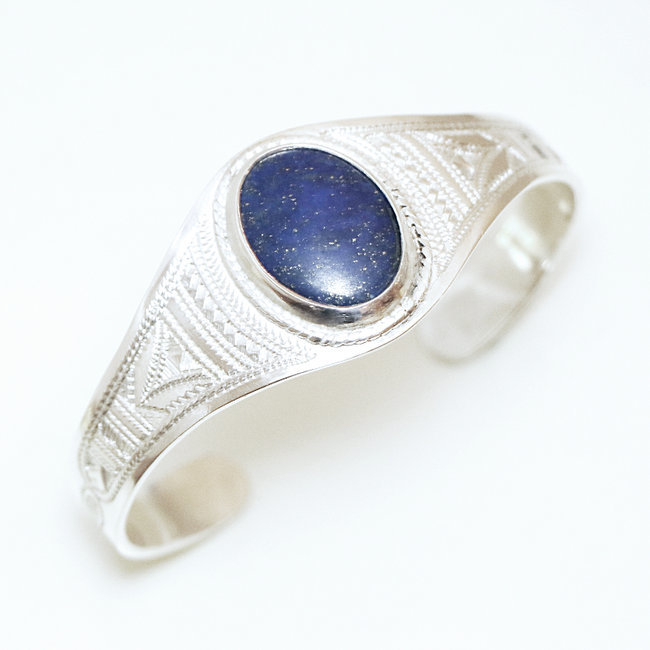 Bijoux ethniques touareg bracelet manchette gravé argent 925 et pierre fine cabochon Lapis-Lazuli bleu - Niger 001 a