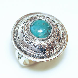 Bijoux ethniques touareg grande bague femme argent 925 massif pierres semi-prcieuses vraie Turquoise naturelle grande ronde grave artisanale - Niger 012a