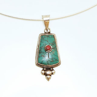 Bijoux Indiens Ethniques petit pendentif laiton plaqu argent 925 et pierre - Nepal 031 Turquoise et Agate rouge b