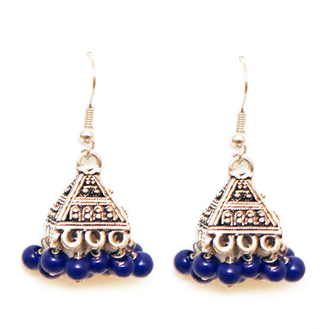 Boucles d'oreilles Cloches Jhumka Laiton argenté et perles bleues - Inde 010